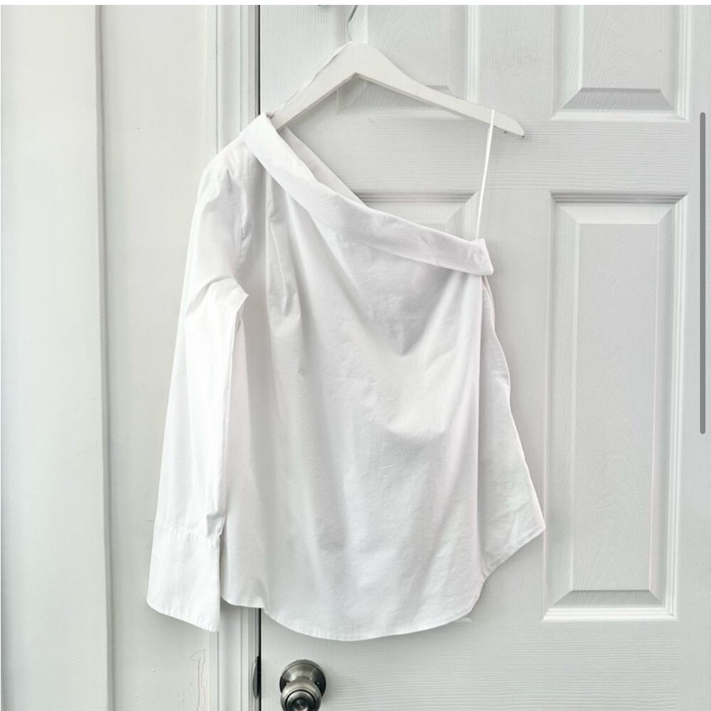 Banana Republic White One Shoulder Long Sleeve Asymmetrical Poplin Blouse Top 8